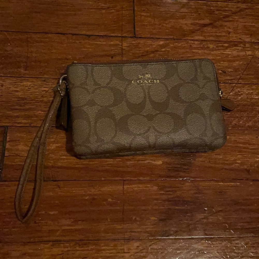 Light brown, double zipper, two pocket wristlet